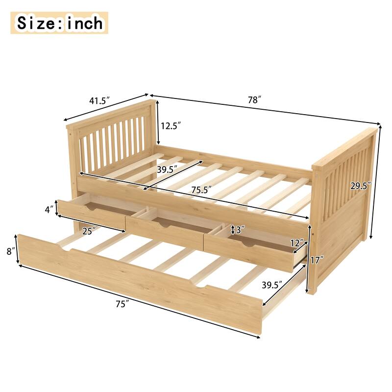 Twin Platform Bed with Drawers and Trundle, Solid Wood Daybed, No Spring Box Needed
