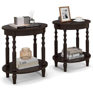 Set of 2 Oval End Tables with Storage Shelf and Solid Wood Legs ...