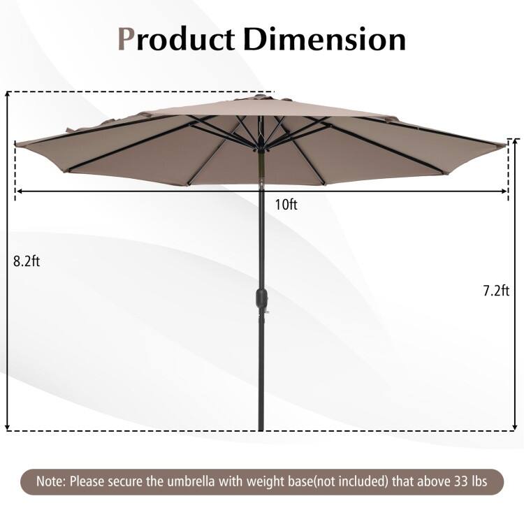 10FT Patio Umbrella 6 Ribs Market Steel Tilt with Crank Outdoor Garden without Weight Base