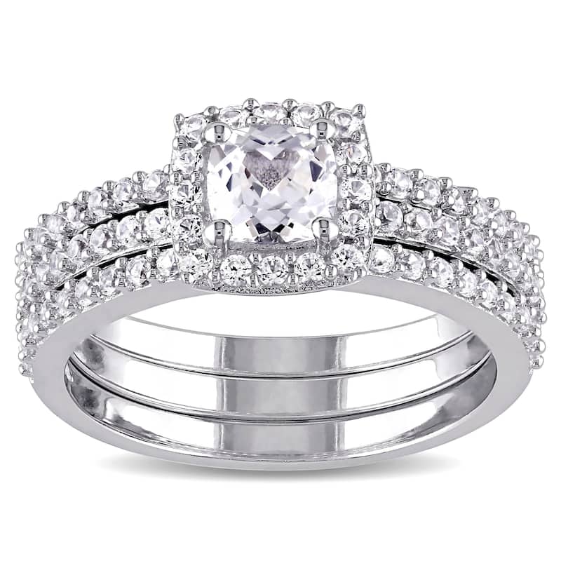 Miadora Sterling Silver Cushion and Round-cut Created White Sapphire Halo 3-piece Bridal Ring Set