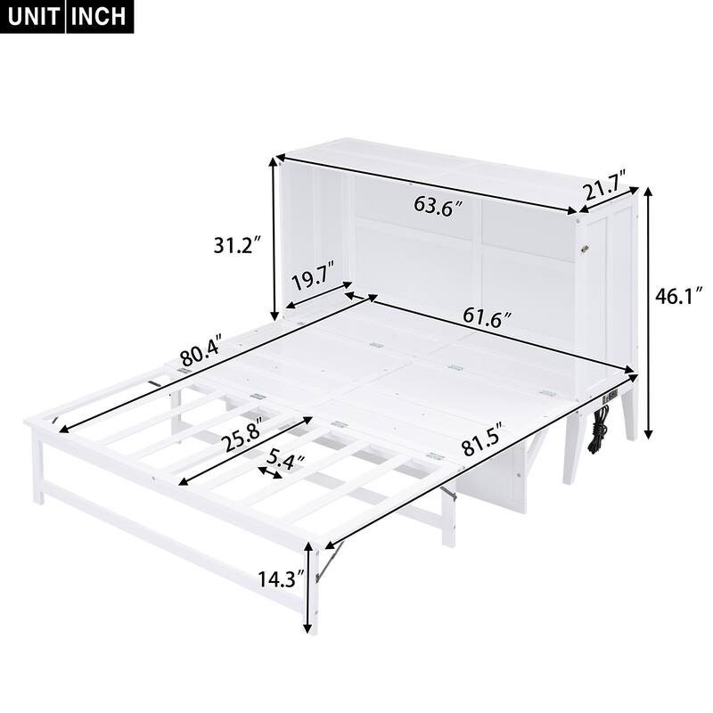 Queen Size Murphy Bed, Wooden Foldable Platform Bed with Builtin