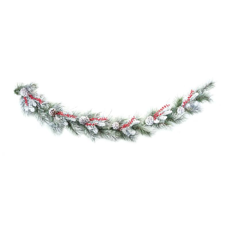 Snowy Pine Berry Garland 6'L - Green, White. - 73 x 8 x 7