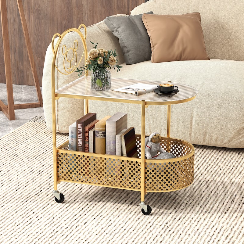 Gymax 2-Tier Mobile Glass Coffee Table w/ Bear Pattern Storage Basket