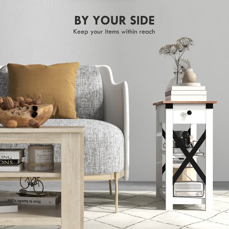 HOMCOM Side Table with Charging Station, End Table with 2 USB Ports and 1 Outlet, Storage Shelves for Living Room, White