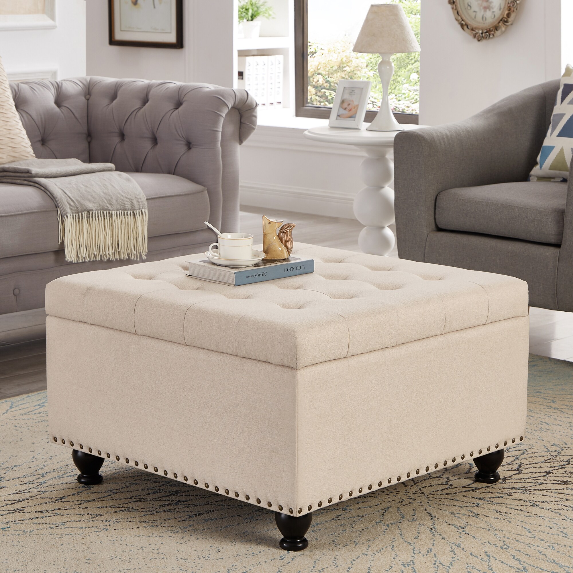 Storage Ottoman Coffee Table Footrest Seating Accent Cabinet