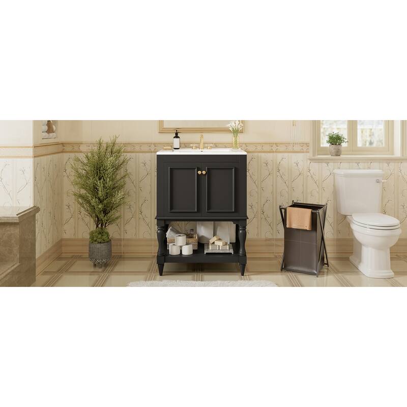 24 inch Modern Luxury Bathroom Vanity with Ceramic Sink, Bathroom Cabinet with Open Shelf and Closed Storage