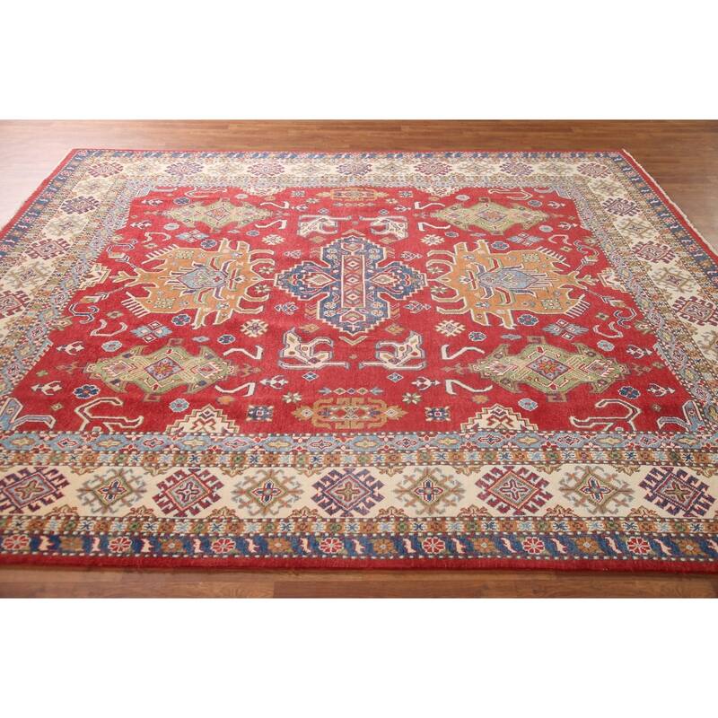 Geometric Kazak Oriental Area Rug Handmade Red Wool Carpet - 8'0" x 9'8"