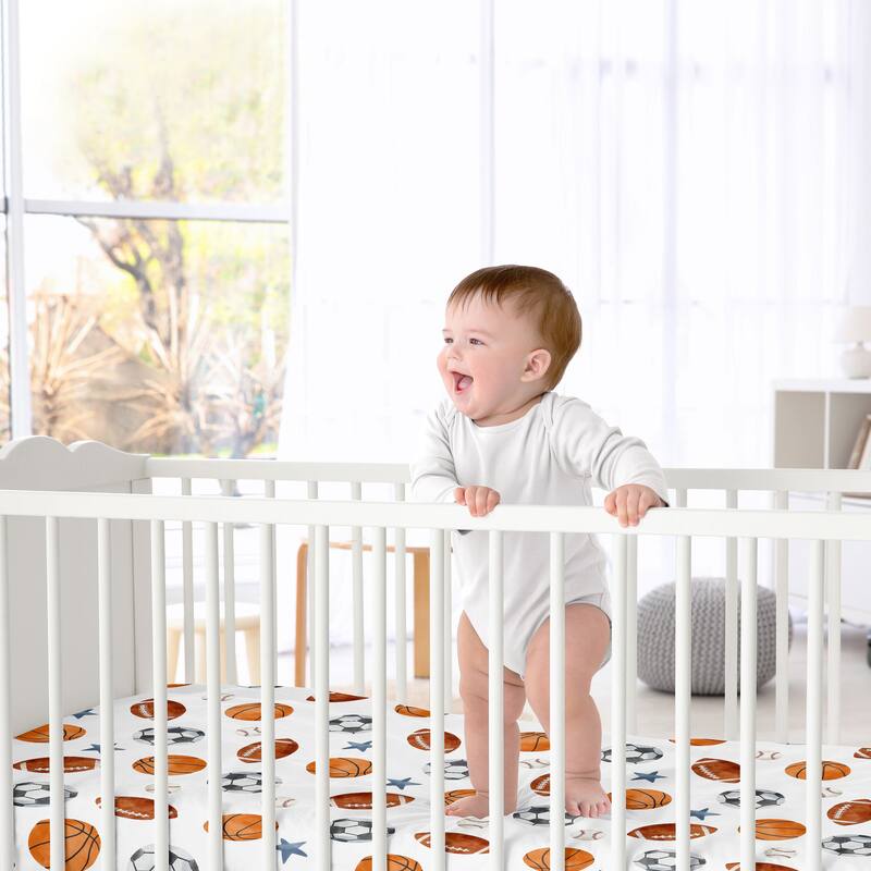 Sweet Jojo Designs Sports Theme Boy Fitted Crib Sheet Watercolor Vintage Soccer Balls Football Baseball Basketball Blue Stars