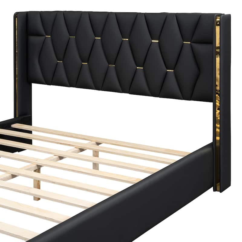 Contemporary Full Size PU Upholstered Platform Bed with Wooden Frame and Slat Support