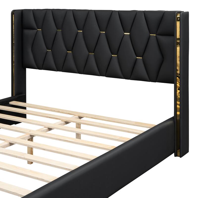 Full Size PU Upholstered Platform Bed with Metal Strips, Modern Design, and Sturdy MDF Frame - Easy Assembly Included