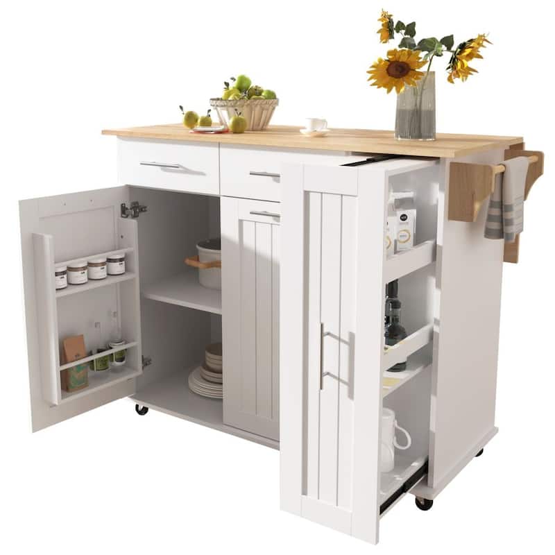Kitchen Island with Drop Leaf and 3 Tier Pull Out Cabinet Organizer