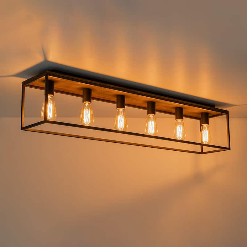 Modern Farmhouse Oak Wood Rectangle Cage Semi-Flush Mount
