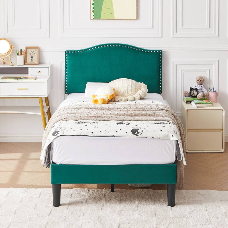 Javlergo Upholstered Platform Bed Frame with Adjustable Headboard, Strong Frame and Wooden Slats Support, Easy Assembly