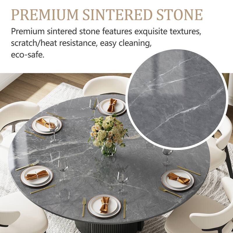 59" Modern Round Dining Table for 6-8, Glossy White Sintered stone Table top, Steel Grille column base