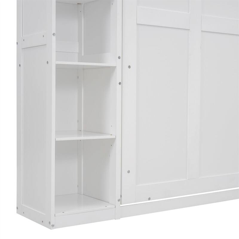 Solid Wood Murphy Wall Bed w/ LED Lights & Open Storage Shelves, Full/Queen Size Folding Murphy Cabinet Bed, Space Saving Design