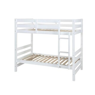 White Twin over Twin Solid Wood Bunk Bed with Ladder and Fence
