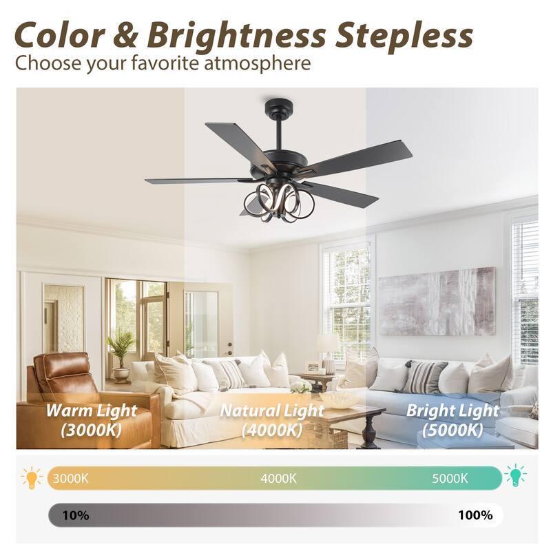 52" Modern Unique Dimmable LED Reversible Motor Ceiling Fan with Light and Remote - 52-inch W*19.3-inch H