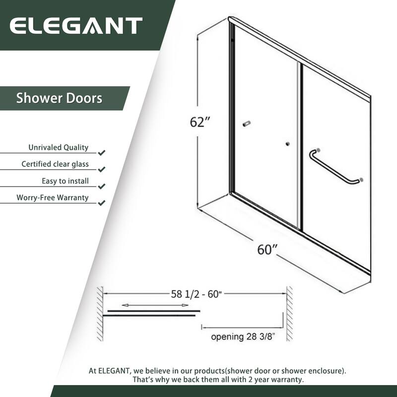 Elegant Bathtub Sliding Shower Door 60" W x 62" H in Brushed Nickel