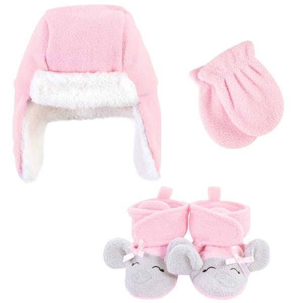 slide 2 of 2, Hudson Baby Infant Girl Trapper Hat, Mitten and Bootie Set, Pink Gray Elephant Pink Gray Elephant - 0-6 Months