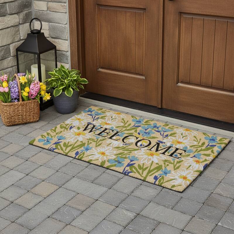 HomeRoots 36" X 72" Brown Light Blue And Green Floral Welcome Outdoor Coir Door Mat - 36.00' X '72.00 - 36.00' X '72.00