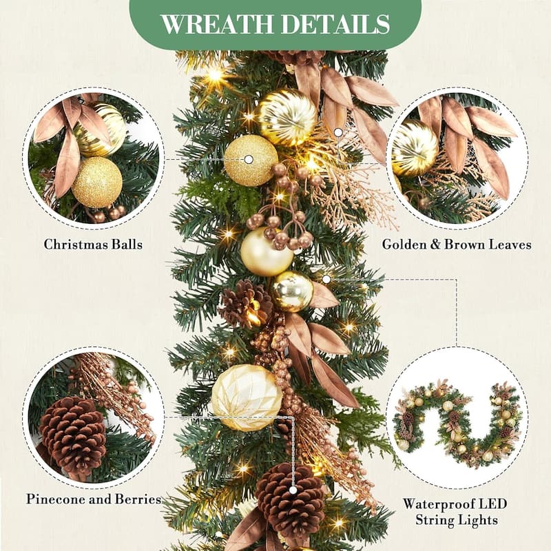 6Ft Pre-Lit Christmas Garland, Artificial Lighted Xmas Garland with 20 LED Lights