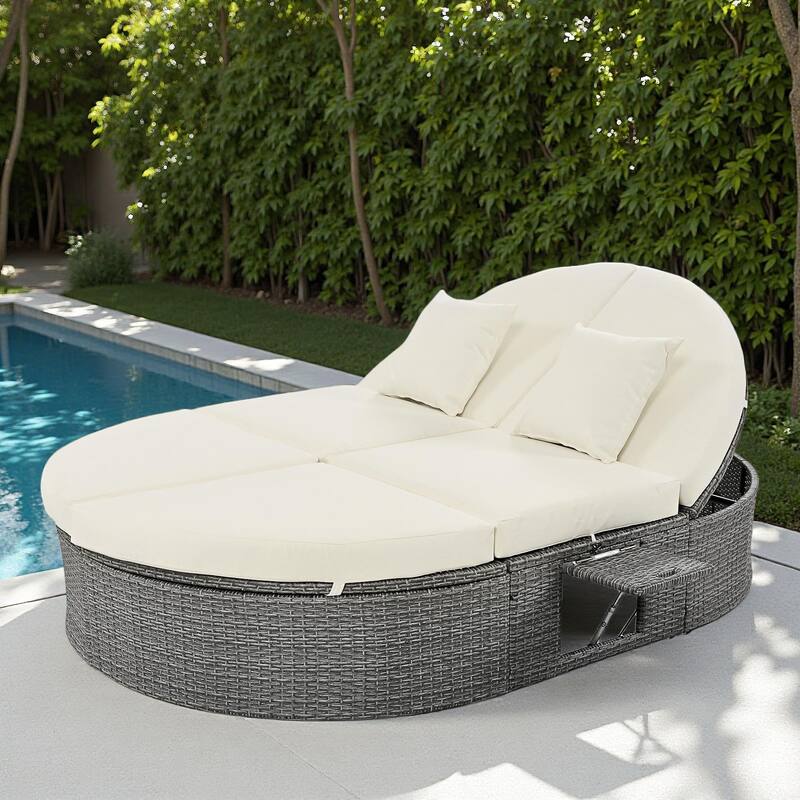 Outdoor Patio Rattan Round Daybed Sunbed with Adjustable Backrests and Foldable Cup Trays - Beige