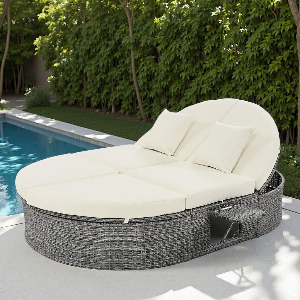 Outdoor Patio Rattan Round Daybed Sunbed with Adjustable Backrests and Foldable Cup Trays