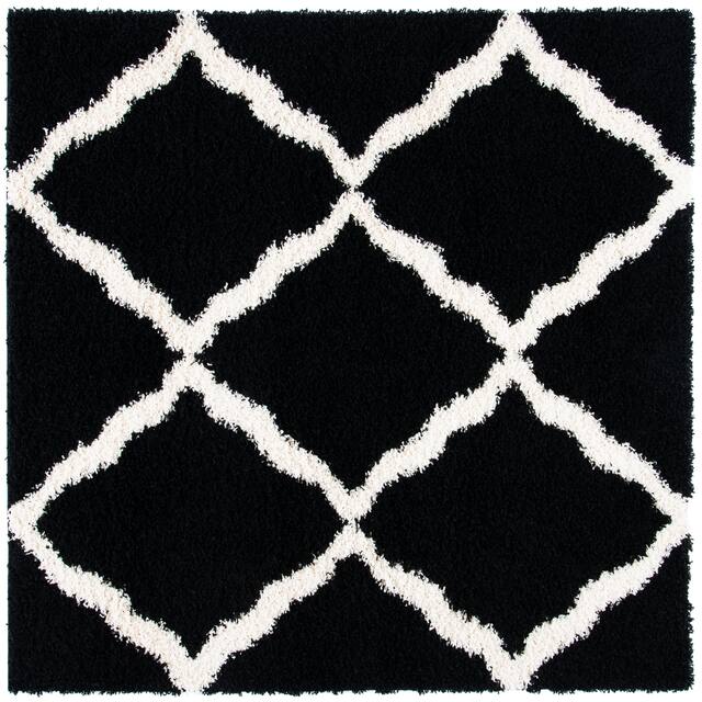 SAFAVIEH Dallas Shag Giusy Trellis 1.5-inch Thick Rug - 6' x 6' Square - Black/Ivory