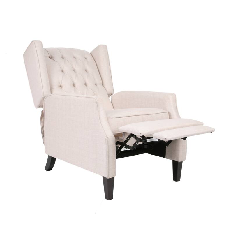 Pushback Recliner Chair, Strutted Legs, Beige Tufted Pleated Fabric