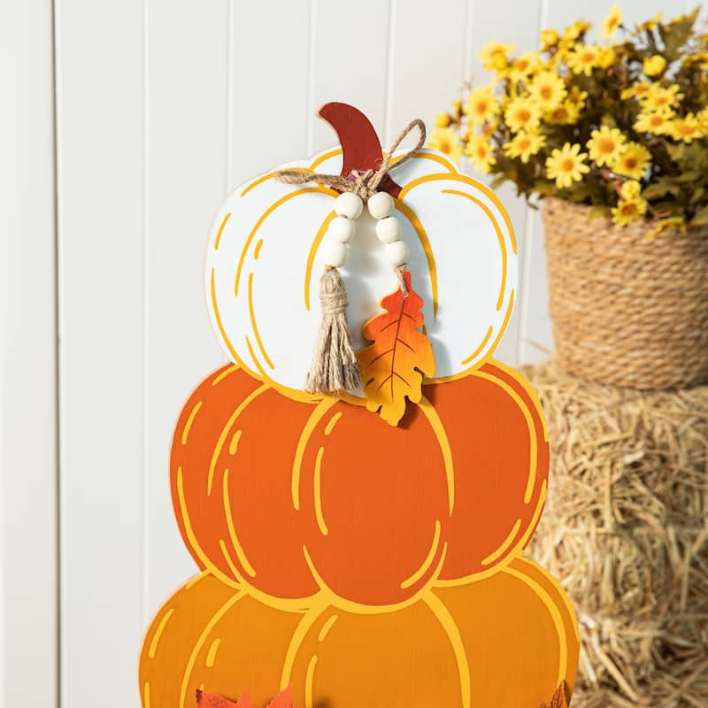 Glitzhome 36"H Fall Wooden Stacked Pumpkin with Urn Porch Decor