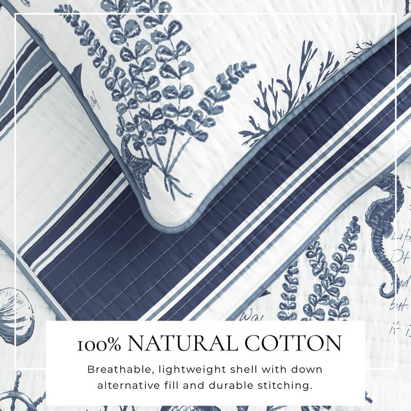 Linery & Co. Cotton Stitched Reversible Coastal 3 Piece Quilt and Sham Set