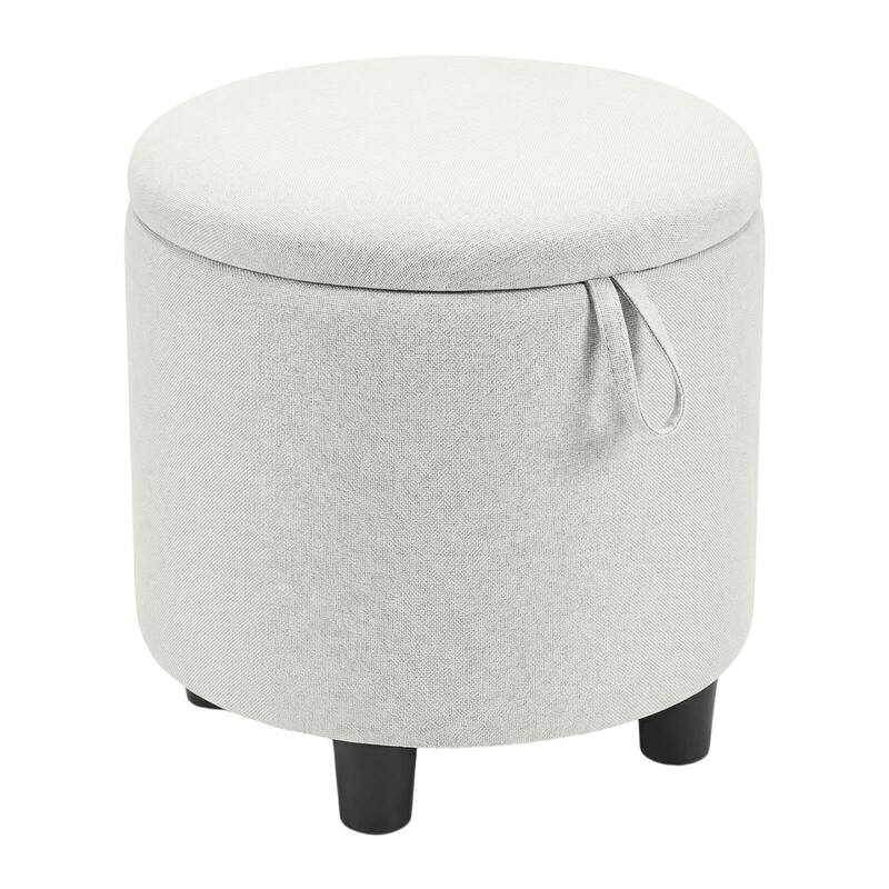 Gymax Round Storage Ottoman Linen Fabric Upholstered Footrest Stool w/ - Beige