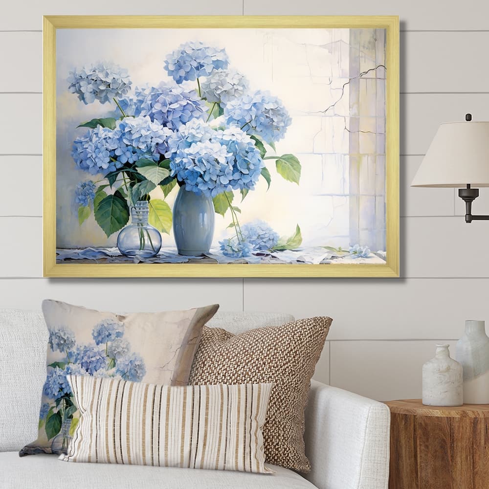 Designart "Blue Hydrangea Farmhouse Still Life " Hydrangea Framed Canvas Wall Art
