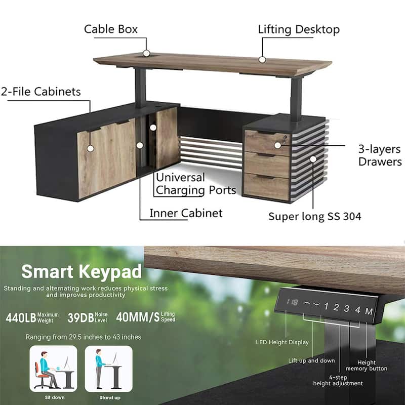 L-Shaped Executive Desk Adjustable Height with Universal Charging Ports Drawers and Cable Management