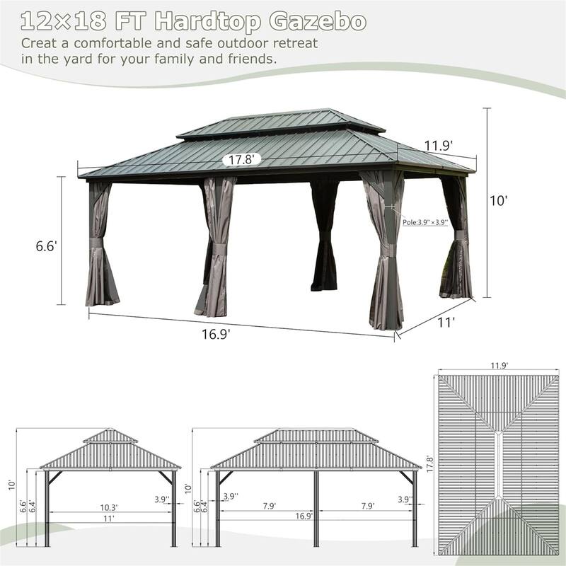GDFStudio - Oliver Outdoor Benson Elegant 12x18 Hardtop Gazebo with Double Roof, Curtains & Netting