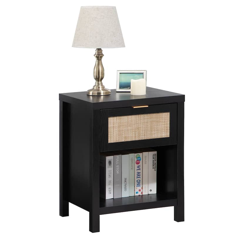 SICOTAS Farmhouse Rattan Nightstand with Drawer and Storage Shelf - Black