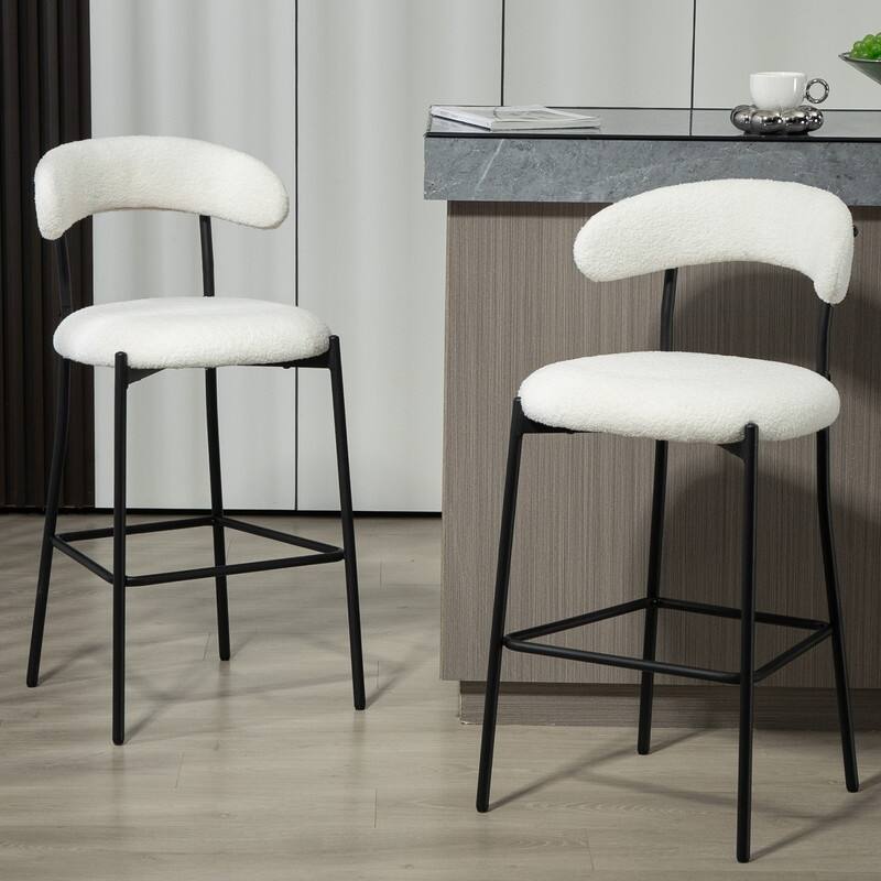 1 Count 26" Teddy Fabric Counter Height Bar Stool with Footrest, Black Powder-Coated Base - White