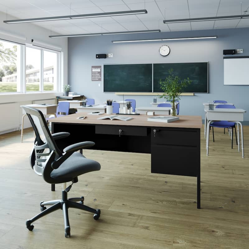 Commercial Right Side Single Pedestal Desk with 3 Locking Drawers - White Oak
