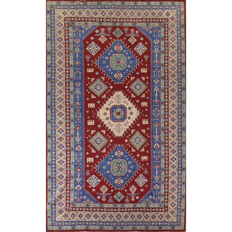 Large Red Geometric Kazak Oriental Area Rug Handmade Wool Carpet - 9'8" x 15'6"