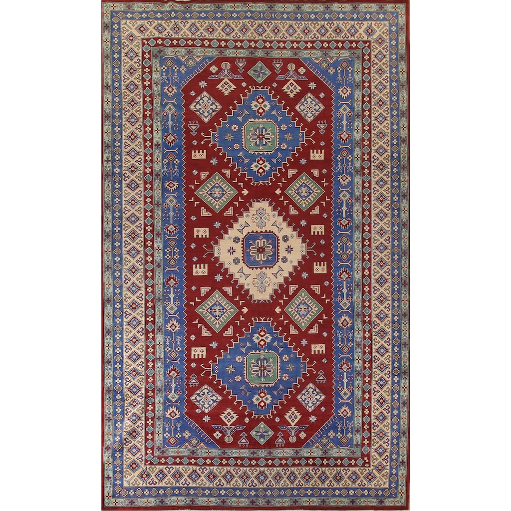 Large Red Geometric Kazak Oriental Area Rug Handmade Wool Carpet - 9'8" x 15'6"