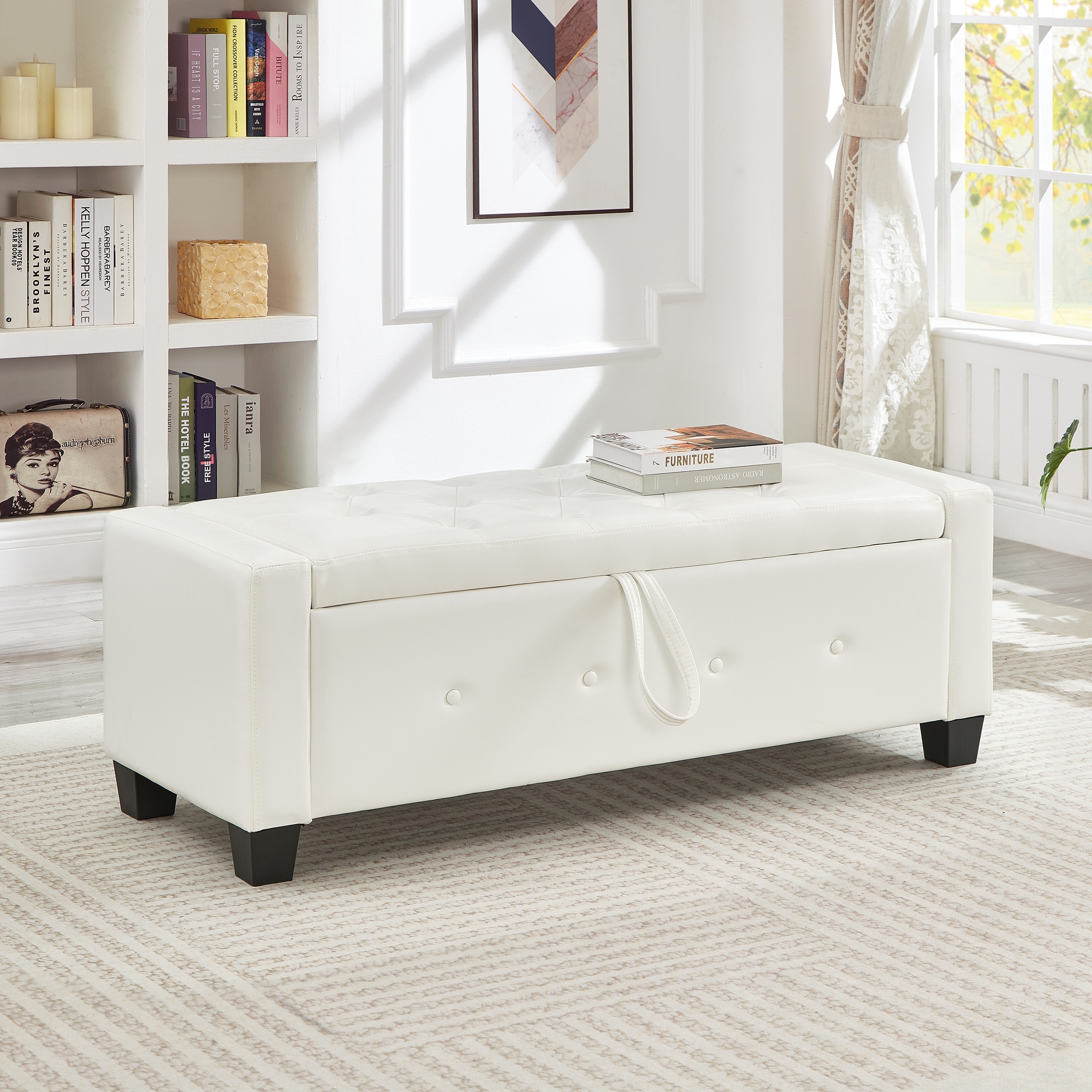Bedroom End of Bed Bench Ivory White Storage Bench with Wood Legs, Leather Bench Upholstered Bench Dining Bench