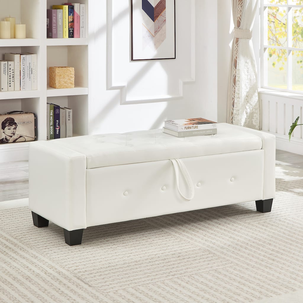 Bedroom End of Bed Bench Ivory White Storage Bench with Wood Legs, Leather Bench Upholstered Bench Dining Bench