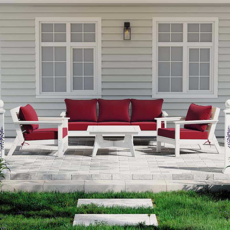 Birchwood All Weather HDPE Outdoor Patio White Deep Seating Conversation Set (6-Piece Set) - White/Red