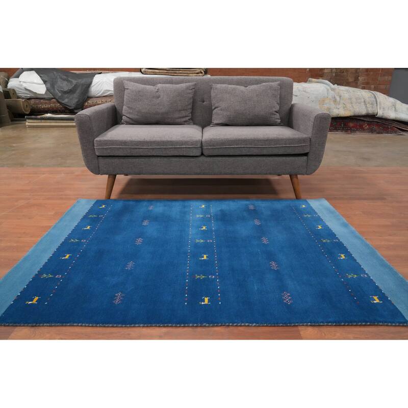 Hand Knotted Oriental 100% Wool Carpet Tribal Animal Pictorial Navy Blue & Blues Gabbeh Area Rug - 5' 9'' X 4' 2''