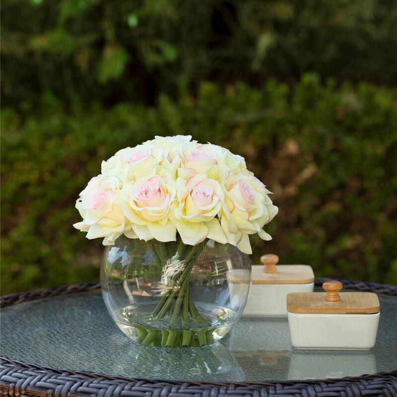 Enova Home 16 Heads Artificial Silk Rose Flowers in Round Glass Vase With Faux Water For Home Wedding Decoration