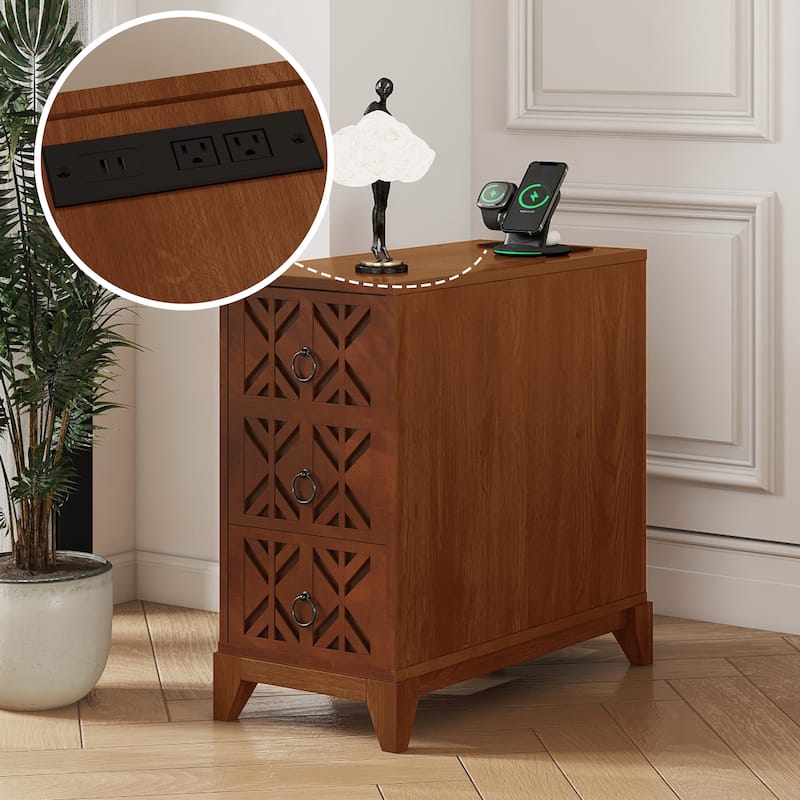 End Table with 3 Drawers & 2 Open Shelves - Tall Corner Side Table for Bedroom