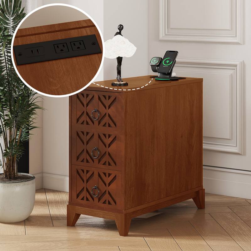 Tall Side Table End Table with Charge Station