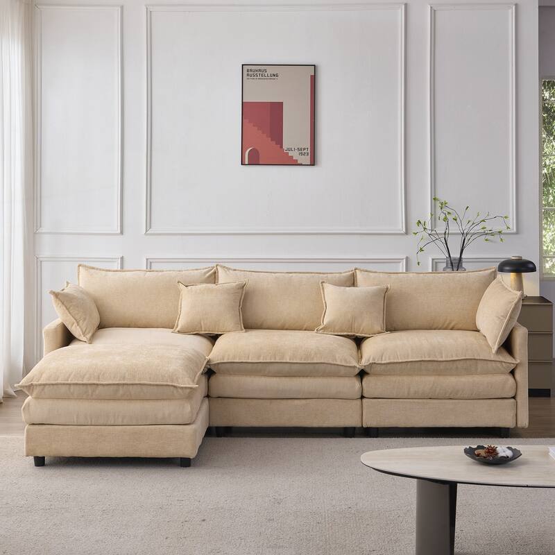 Upholstered Soft Chenille Fabric Sofa,3 Seater with Ottoman L Shape Sofa