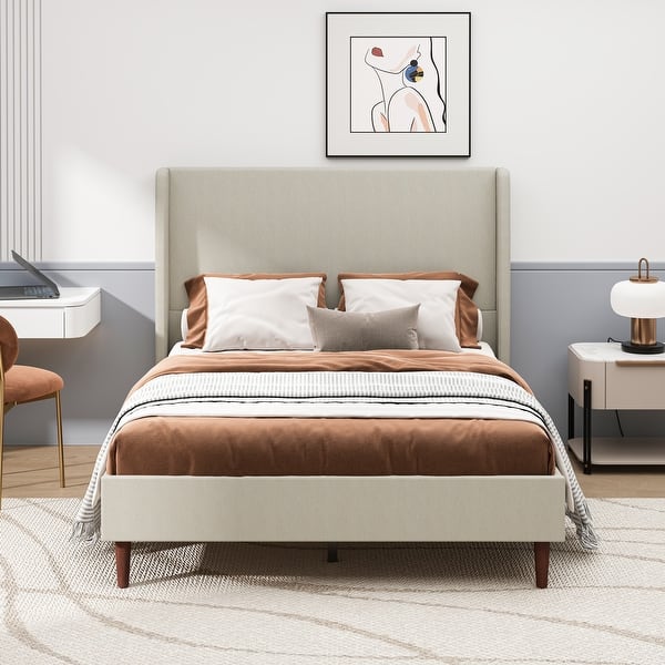 slide 2 of 8, Queen Upholstered Bed Frame with High Headboard and Wooden Slats No Box Spring Needed Easy Assembly Beige - Queen
