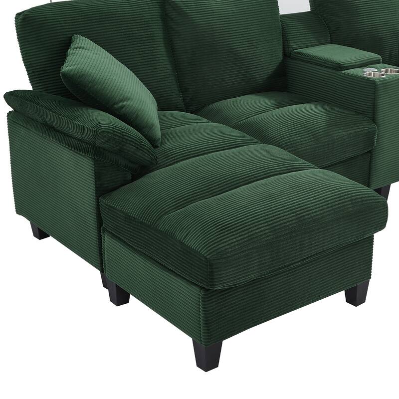 Roomfitters U-Shaped Sectional Sofa 116.9" Corduroy Upholstered Couch with Storage Ottomans, Cup Holders and USB Ports